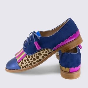 NEW Handmade Pink Blue Suede Leather Leopard Fringe Oxford Lace-Up Shoes 5 & 9.5